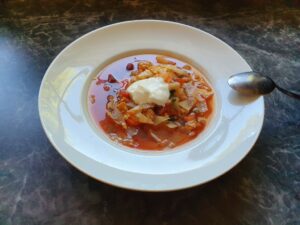 Feel younger with healthy food. Here: Russian Soup with vegetables , buckwheat, humous and sour cream.