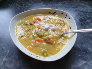 Antiaging with healthy food! Here Red Lentil Soup with fresh vegetables.